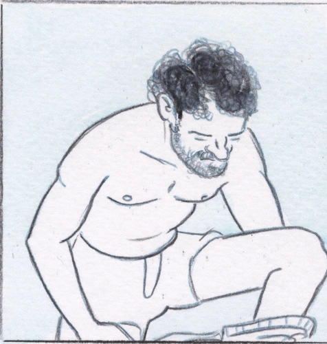 Nick bends down to remove his trousers